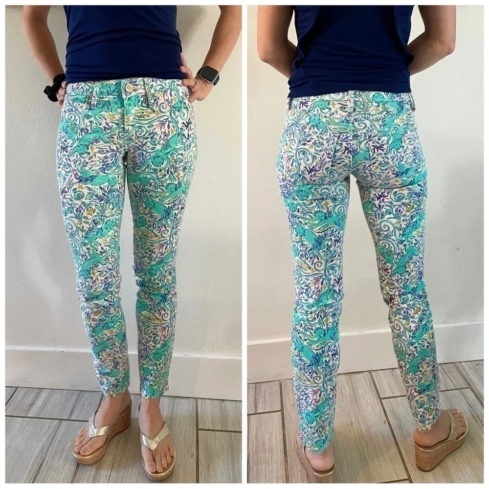 Lilly Pulitzer South Ocean Skinny Crop Pants in Monkey Sea Print Melon Fig Teal